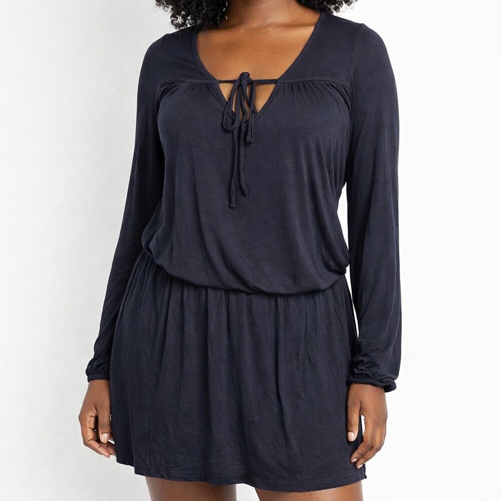 Guess by Marciano Ruched Drop Waist Long Sleeve Tie Neck Drop Waist Mini Dress